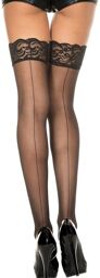 Bas noirs autofixants nylon voile couture et jarretières dentelle Noir