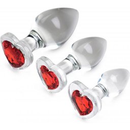 Lot de plugs anaux en verre avec pierre précieuse en forme de cœur rouge