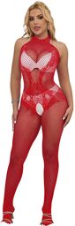 bodystocking résille et dentelle sans fourrure col montant rouge taille unique