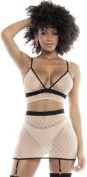 Soutien-gorge, string et jupe résille Chair/Noire Chair/Noir