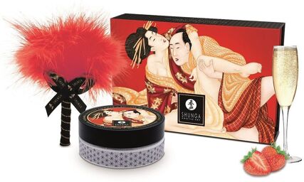 Mini Coffret poudre corporelle fraise/vin pétillant et plumeau assorti