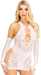 Robe Courte Résille Gants Assortis - Blanche Blanc