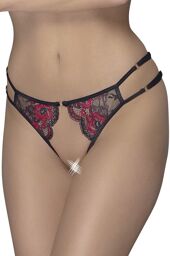 Culotte ouverte en fine dentelle florale rouge et noire