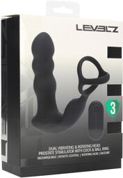 Dual Vibrating Remote Rotating Head Silicone Prostate Stimulator with Cock and Ball Ring - Black