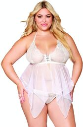 Babydoll et string grande taille en résille et dentelle blanche Blanc