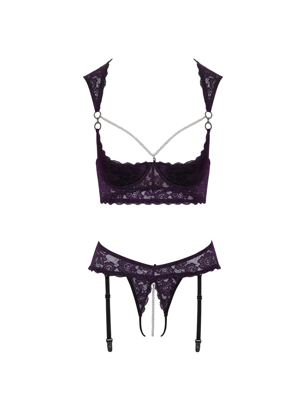 Ensemble 2 pièces ouvert motif floral violet & perles blanches