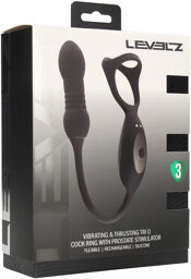 Cockring en silicone tri O vibrant et à poussée avec stimulateur de prostate - Noir