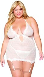 Guépière porte jarretelles blanche grande taille avec strass et string inclus Blanc