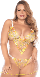 Nuisette grande taille transparente brodée jaune et string Jaune