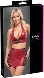 Set top court dos nu et mini-jupe en look wet rouge avec dentelle noire Rouge