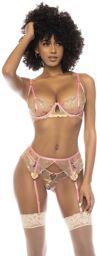 Ensemble 3 pièces avec dentelle brodée florale, soutien gorge avec armatures, porte jarretelles et string assorti Rose