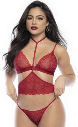 Ensemble lingerie trois pièces en dentelle rouge imprimée de cœurs Rouge