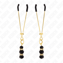 pinces à tétons fines or avec 3 billes de verre noir 7 cm