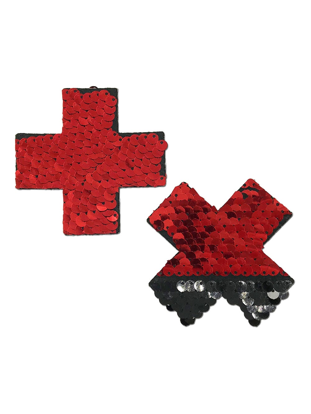 Caches-Tétons Croix Sequins Réversibles Rouges et Noirs