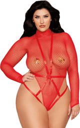 Ensemble 2 pièces grande taille, bodystring résille rouge et harnais Rouge