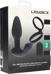 Dual Vibrating Remote Rotating Beads Silicone Prostate Stimulator with Cock and Ball Ring - Black