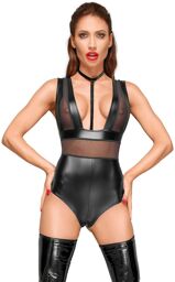 F183 Powerwetlook body avec larges bretelles, empiècements en tulle et tour de cou en velours Noir