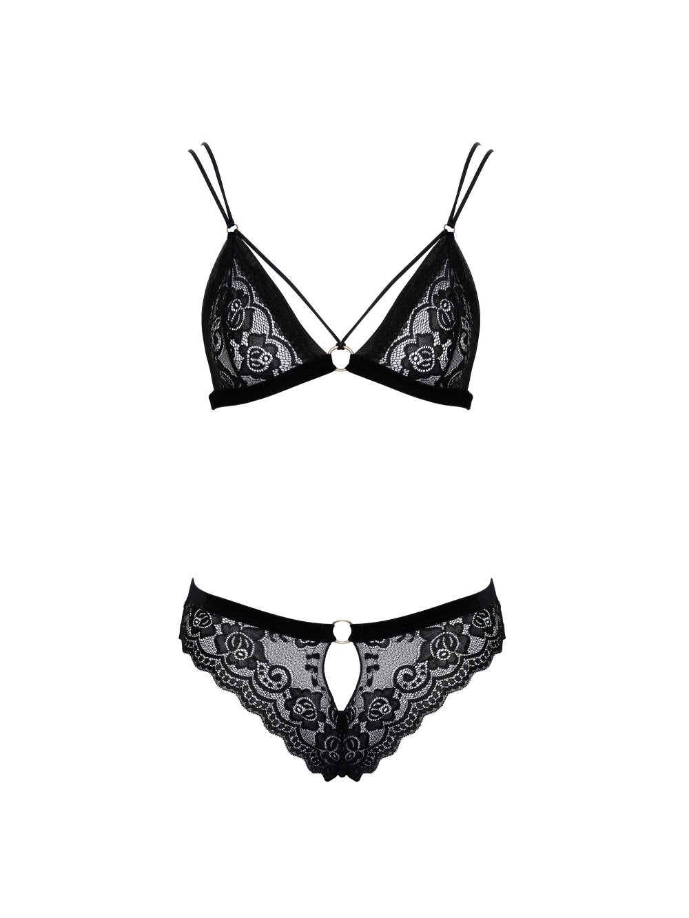Ensemble 2 pièces lanières & dentelle fleurs noir