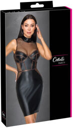 Robe ajustée mi-longue avec col montant et détails en filet Noir