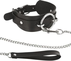 Collier fétichiste large anneau métal et laisse