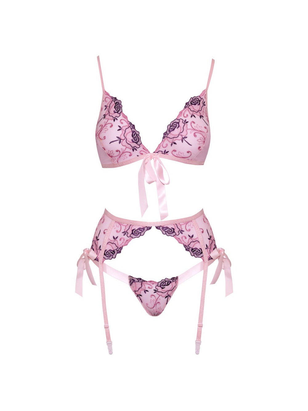 Ensemble 3 pièces broderie florale & noeud rose