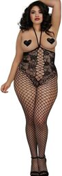 Combinaison grande taille style body dentelle et jambes larges résilles Noir