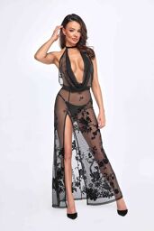 Robe Longue Dos Nu Divinity Tulle Floqué Noir