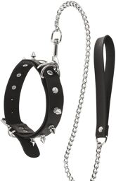 Collier fétichiste avec anneaux pointes et laisse métallique Noir