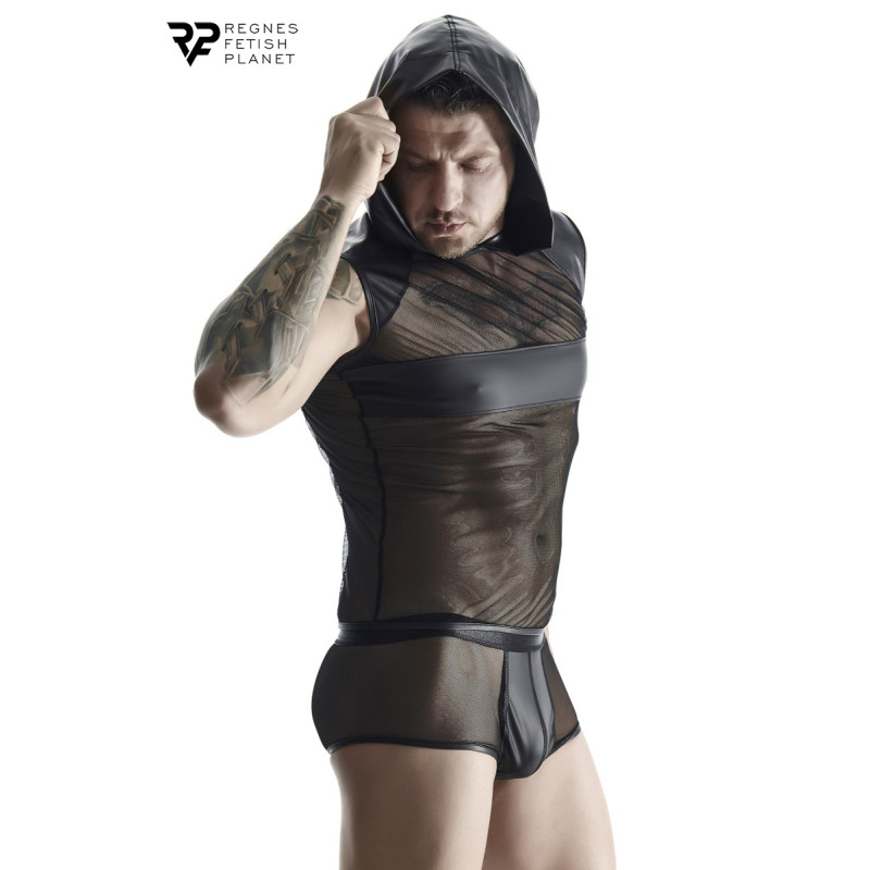 T-shirt à capuche wetlook et mesh