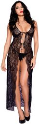 Nuisette déshabillée longue noire ouverte dentelle florale et string Noir