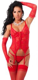 Corset avec string, gants et bas - Rouge