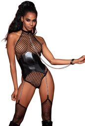 Body à large résille et porte jarretelle simili cuir avec chainettes - DG12495BLK Noir