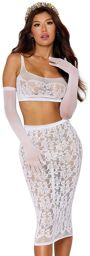 Ensemble 2 pièces, brassière résille fantaisie et jupe longue assorti Blanc