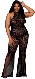 bodystocking en dentelle au crochet sans couture, grande taille, résille noire Noir