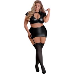 Exposed Haut Crop Top et Jupe Jarretière Effet Mouillé Grande Taille