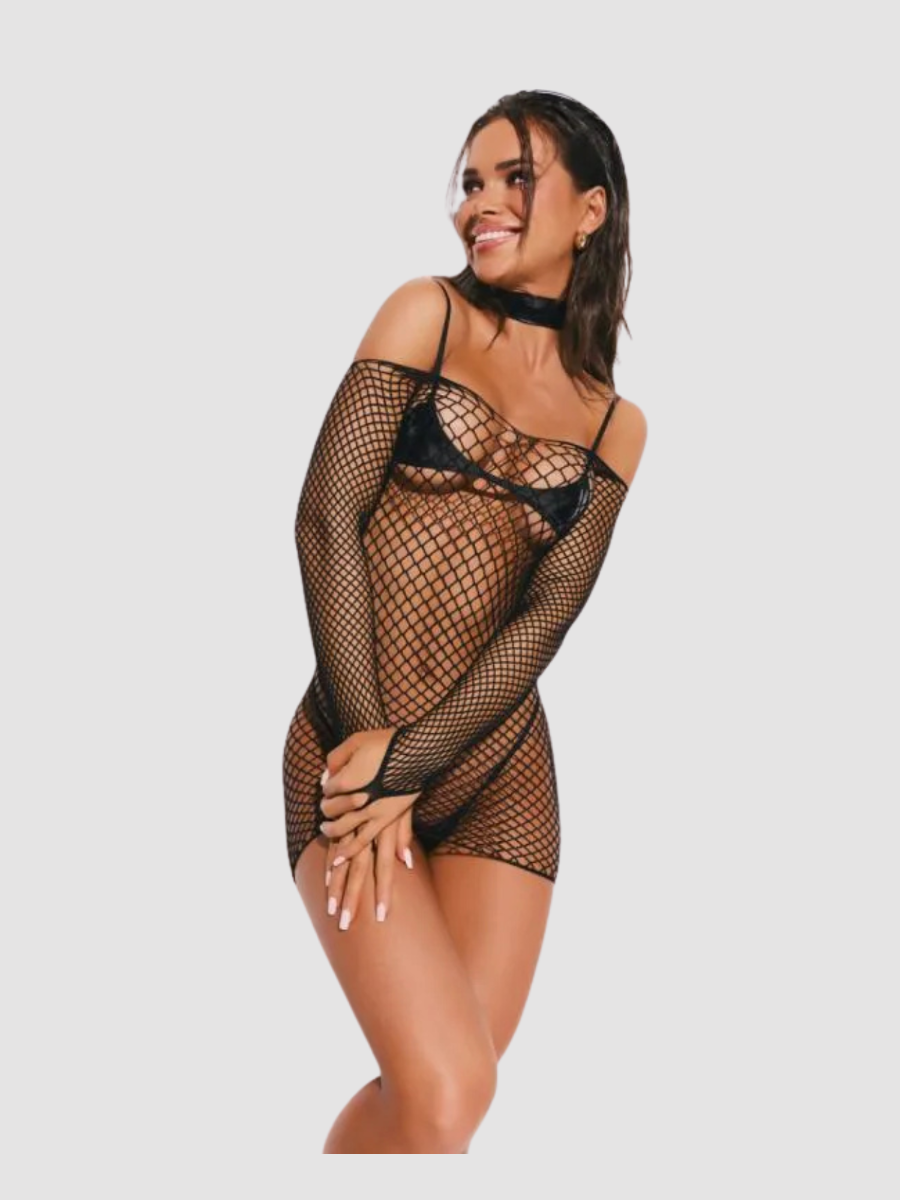 Ensemble lingerie 4 pièces noir en résille et effet cuir Sashalla