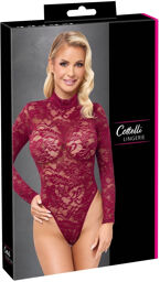 Body en dentelle ornementale Bordeaux avec col montant Rouge