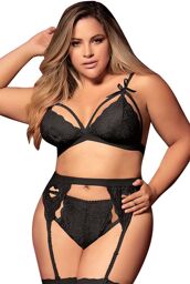 Ensemble 3 pièces noir grande taille soutien-gorge string porte-jarretelles Noir