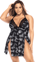 Nuisette grande taille imprimé zèbre, fendue sur les côtés Noir