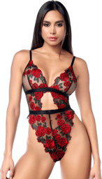 Teddy taille haute en résille noire brodée de roses avec ceinture Noir/Rouge
