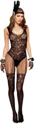 Bodystocking dentelle noire effet bas sexy et jarretelles fils Noir