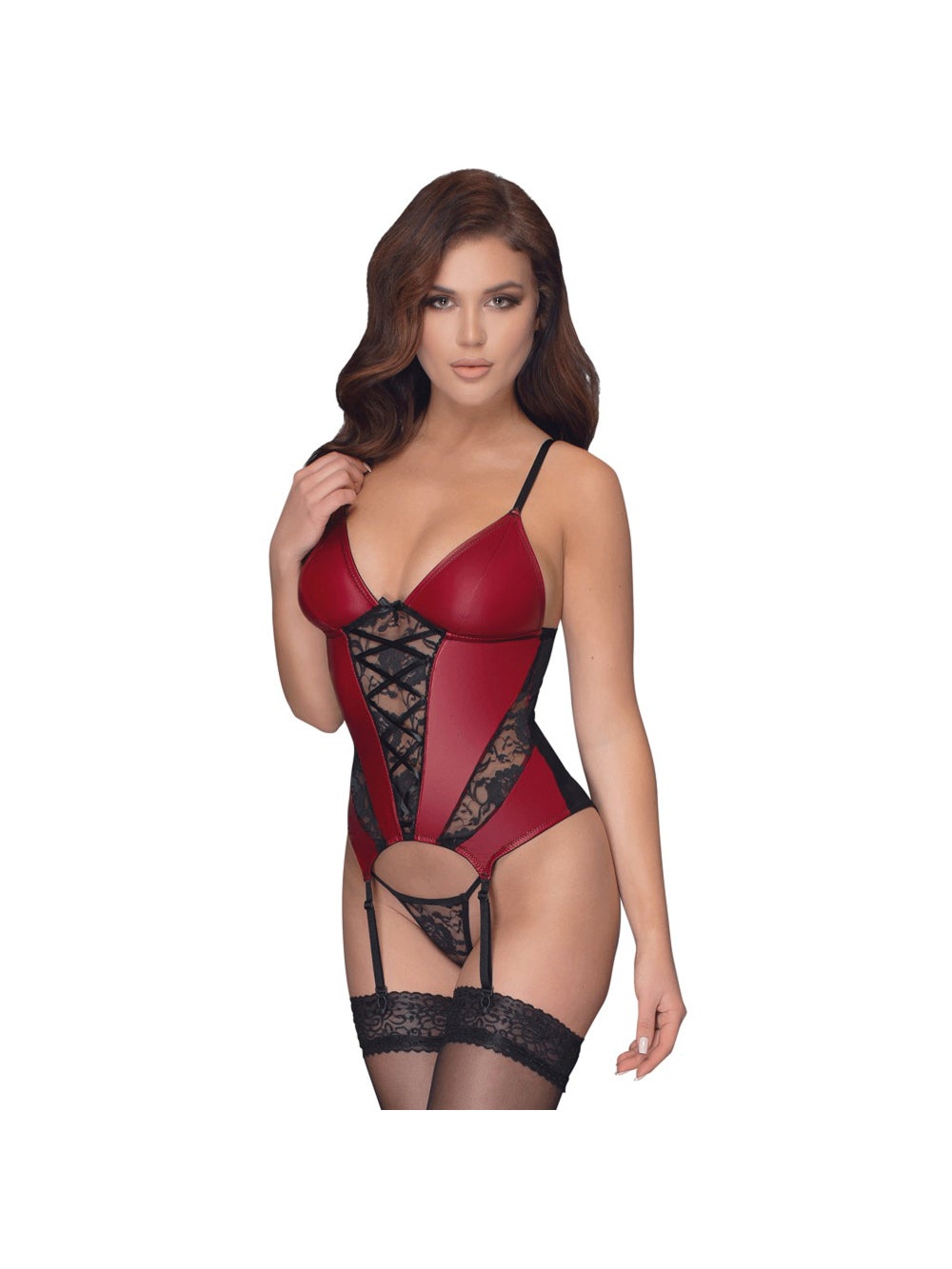 Guêpière Effet Cuir, Dentelle Rouge & Noire