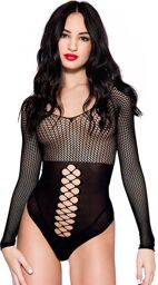 Body string noir opaque ajouré et résille avec manches longues Noir
