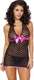 Nuisette noire à motifs et noeud rose - ML56078BKP Noir