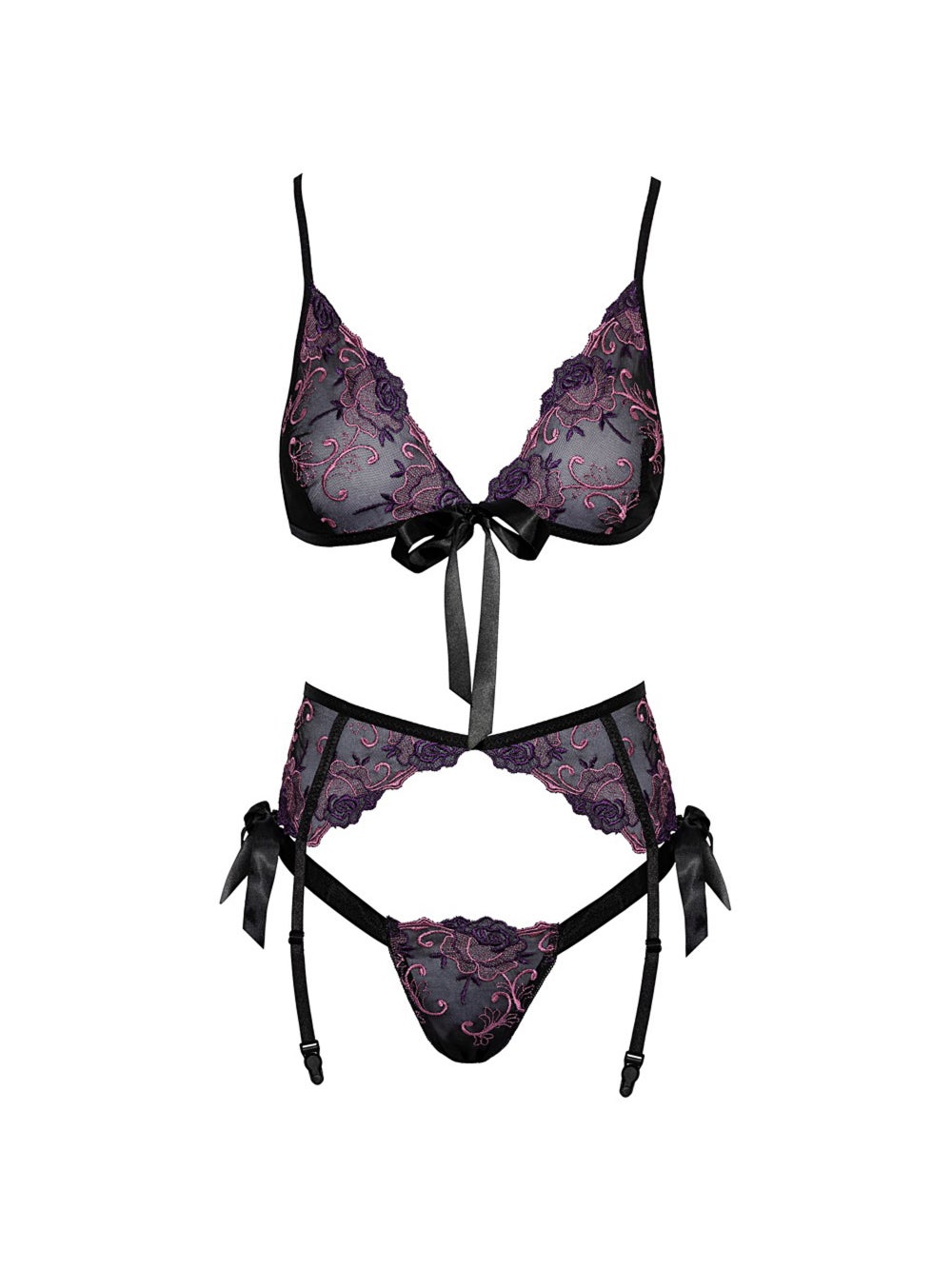 Ensemble 3 pièces broderie florale & noeud noir