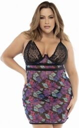Nuisette résille et dentelle Noire, grande taille, imprimé fleur exotique Imprimé floral