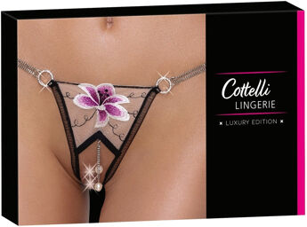 String ouvert en tulle avec perles Noir