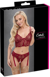 Ensemble soutien-gorge long et string porte-jarretelles sans entrejambe en dentelle rouge foncé Rouge