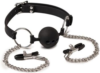 Bâillon avec boule et pinces à seins - Noir
