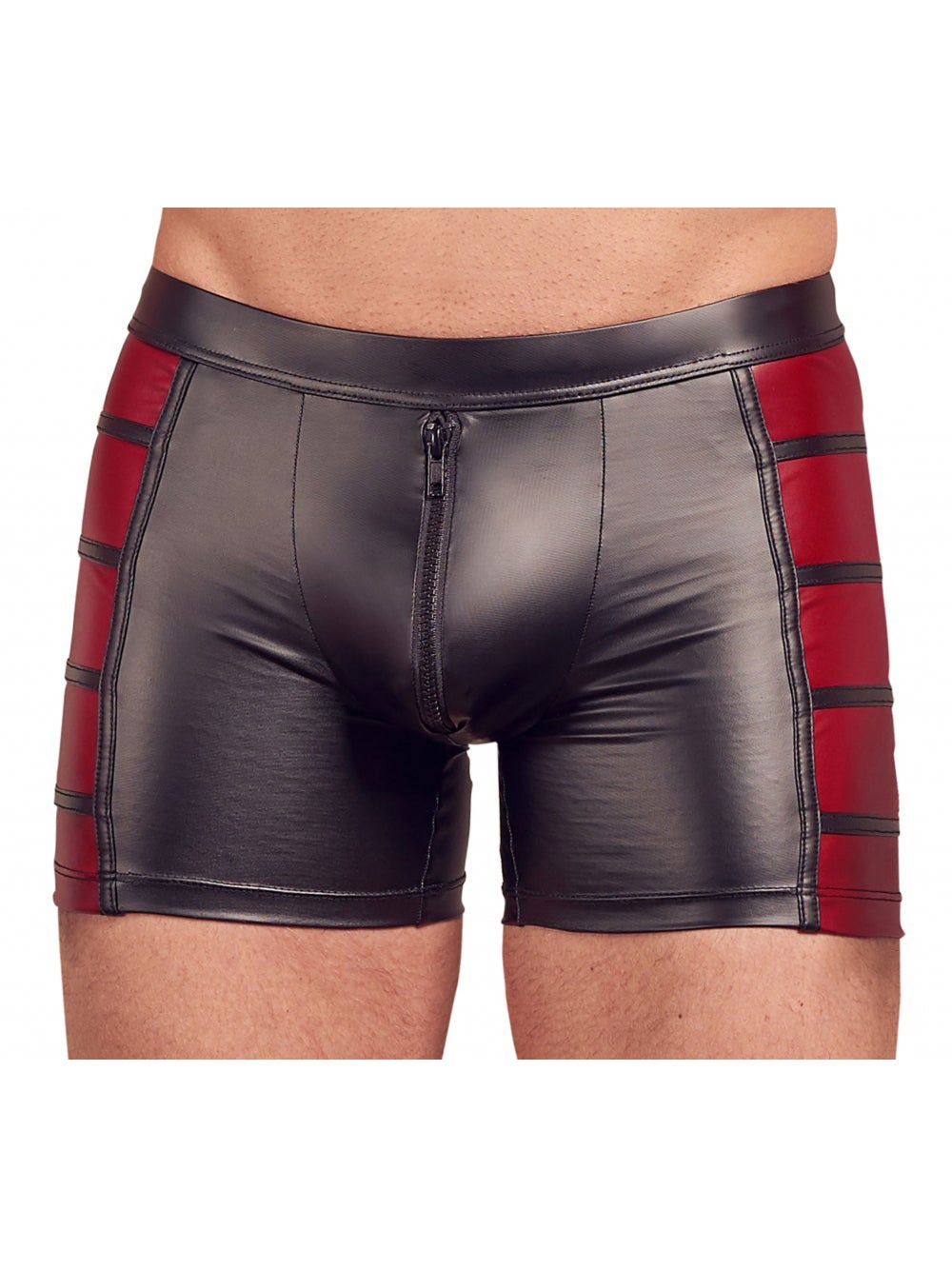 Boxer Effet Cuir, Fermeture Eclair Noir & Rouge